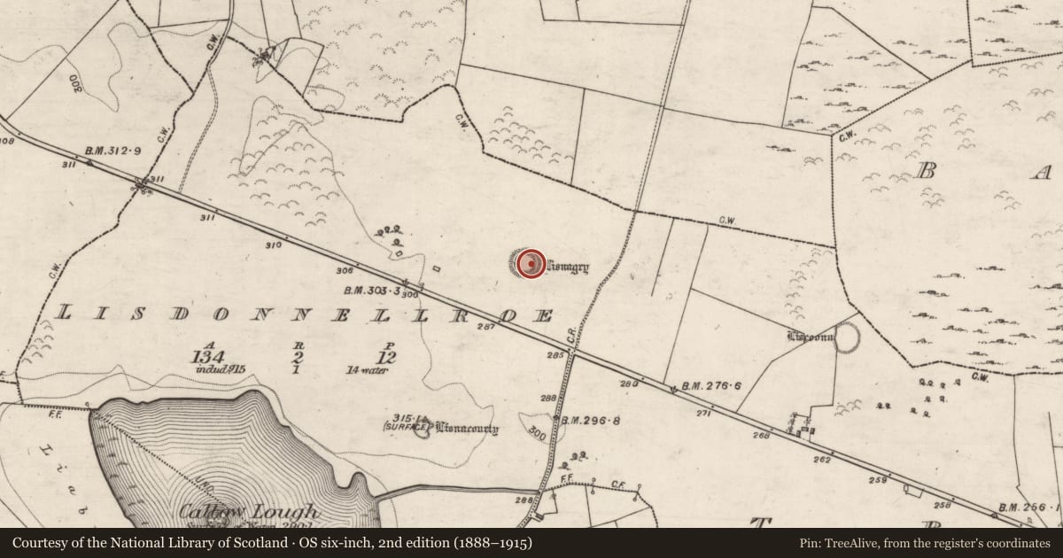 Ordnance Survey six-inch map, 2nd edition (1888–1915) covering the location of Ringfort - unclassified, Lisdonnellroe, County Galway, with a pin at the register's coordinates