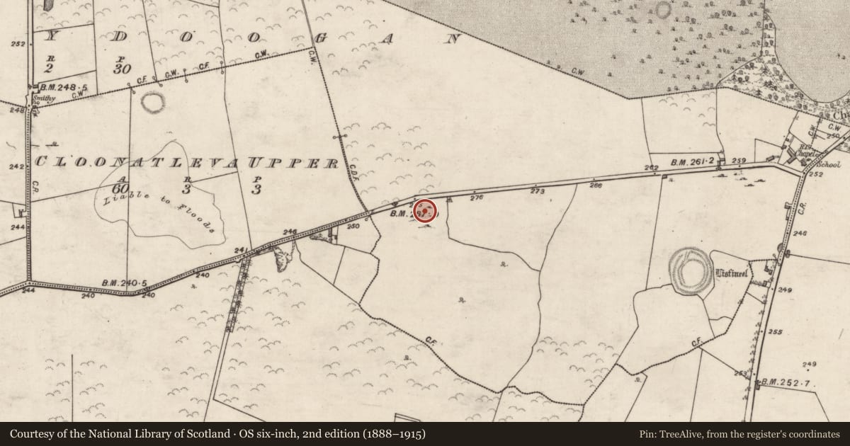 Ordnance Survey six-inch map, 2nd edition (1888–1915) covering the location of Mass-rock, Ballydoogan, County Galway, with a pin at the register's coordinates