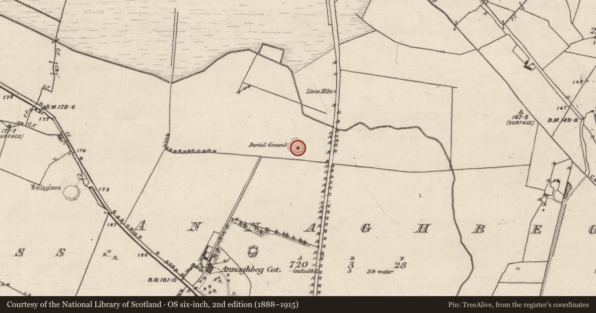 Ordnance Survey six-inch map, 2nd edition (1888–1915) covering the location of Children's burial ground, Annaghbeg, County Galway, with a pin at the register's coordinates