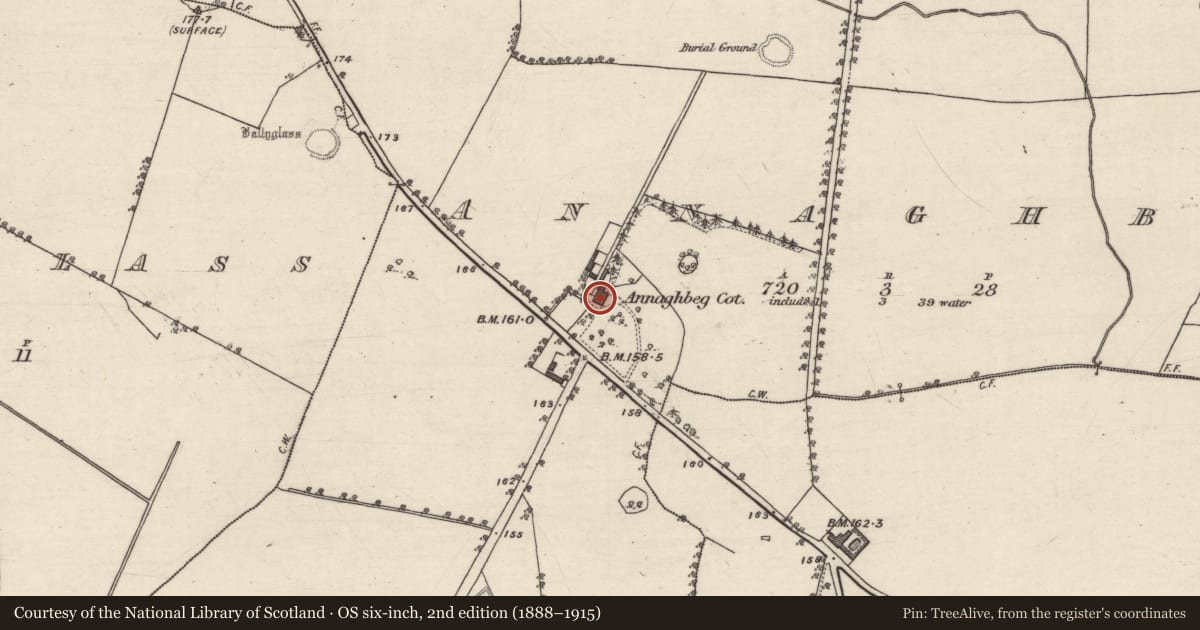 Ordnance Survey six-inch map, 2nd edition (1888–1915) covering the location of House - 20th century, Annaghbeg, County Galway, with a pin at the register's coordinates