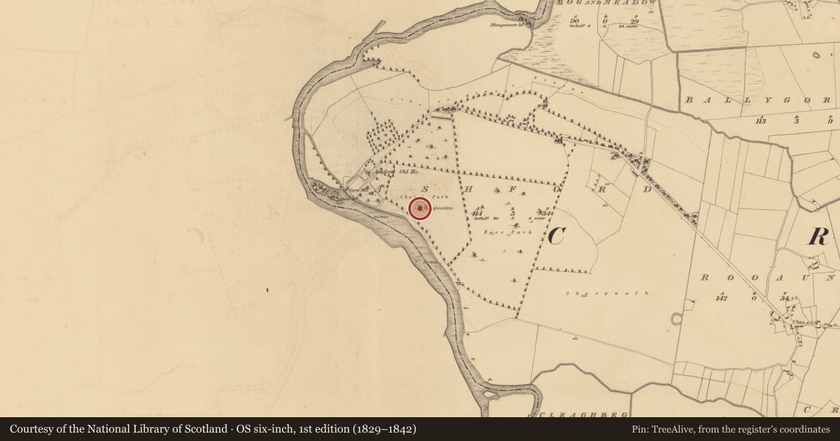 Ordnance Survey six-inch map, 1st edition (1829–1842) covering the location of Church, Ashford, County Galway, with a pin at the register's coordinates