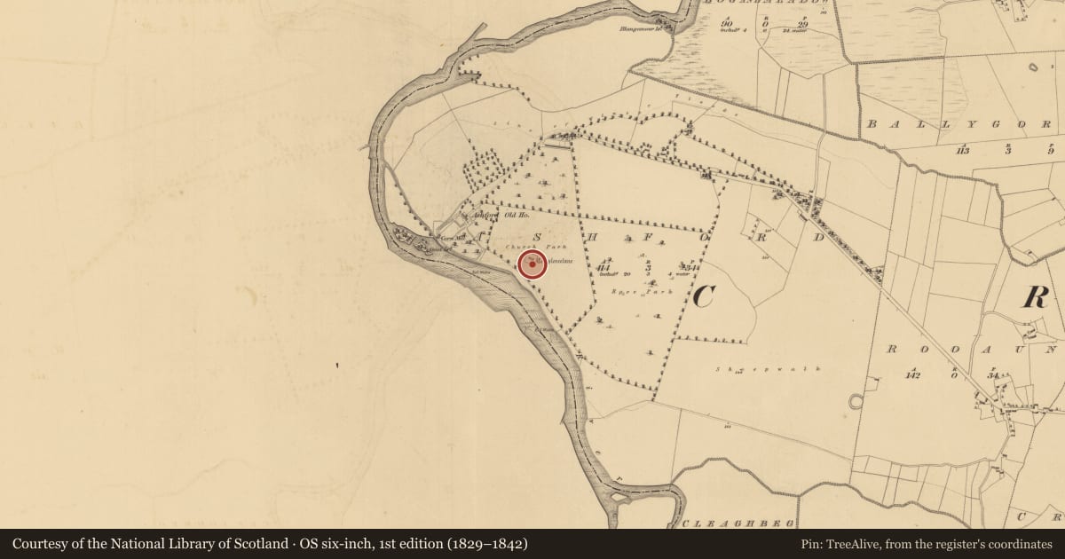 Ordnance Survey six-inch map, 1st edition (1829–1842) covering the location of Graveyard, Ashford, County Galway, with a pin at the register's coordinates