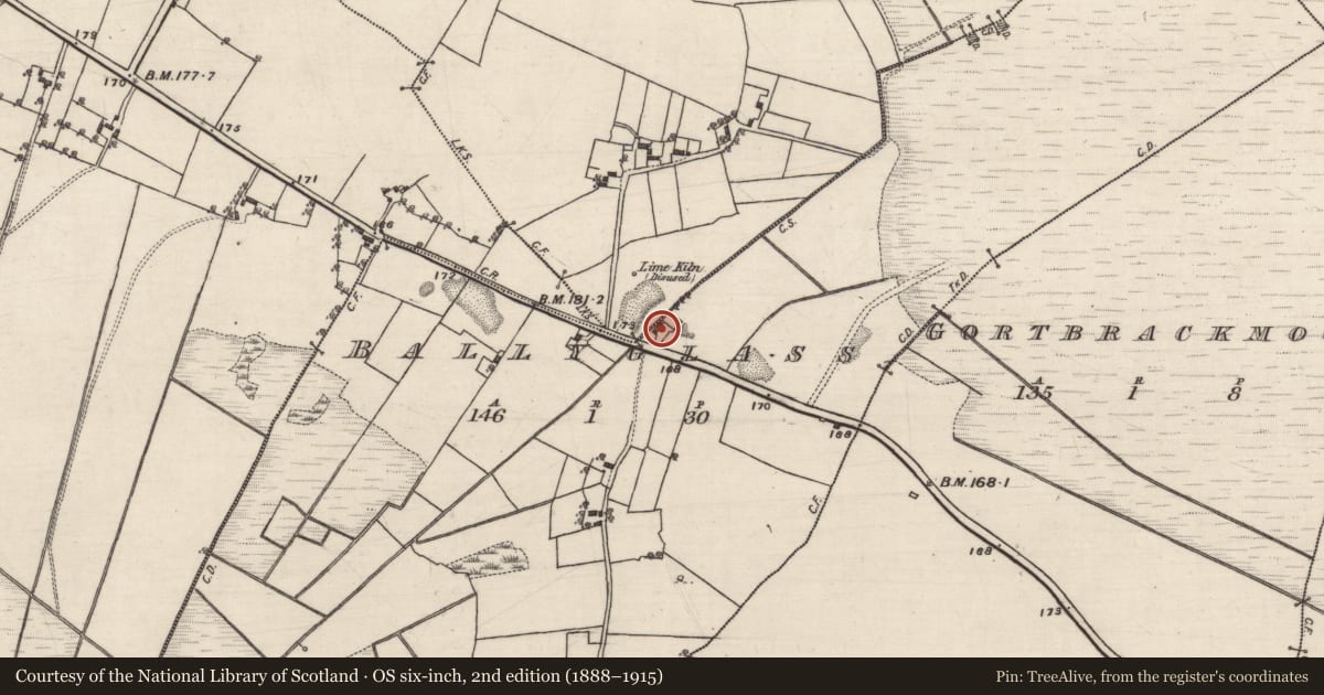 Ordnance Survey six-inch map, 2nd edition (1888–1915) covering the location of House - vernacular house, Ballyglass, County Galway, with a pin at the register's coordinates