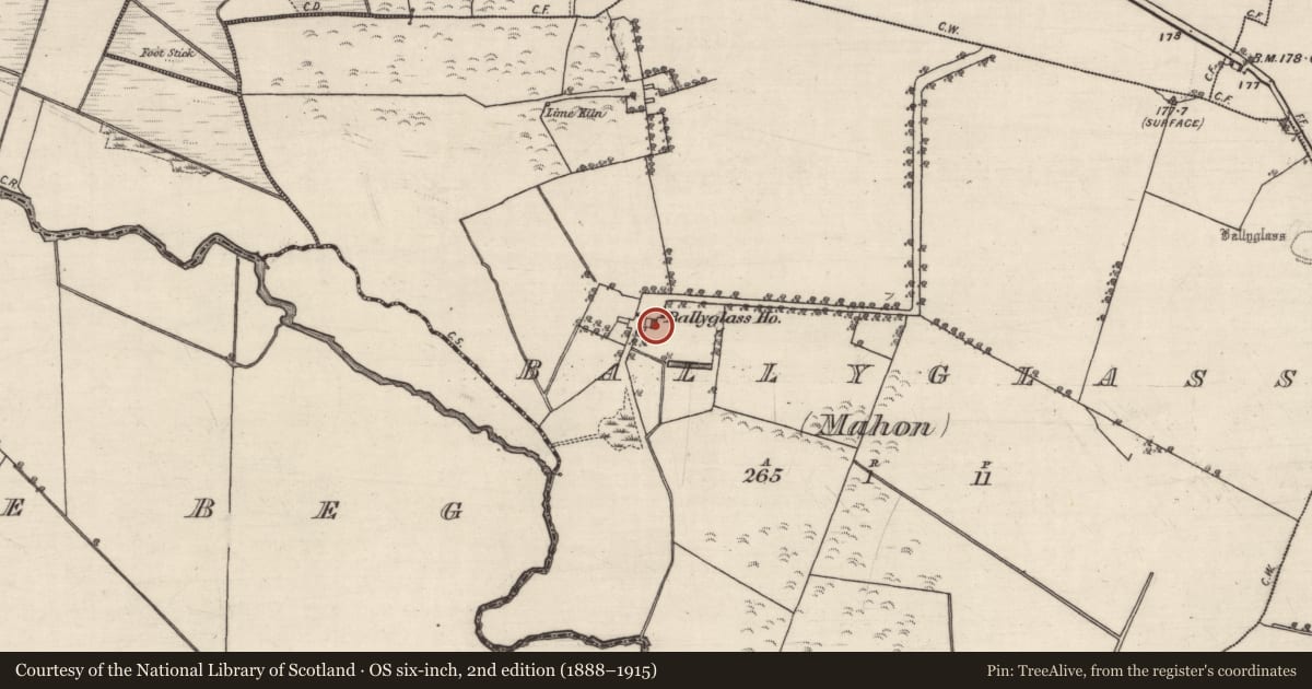 Ordnance Survey six-inch map, 2nd edition (1888–1915) covering the location of House - 18th/19th century, Ballyglass (Mahon), County Galway, with a pin at the register's coordinates