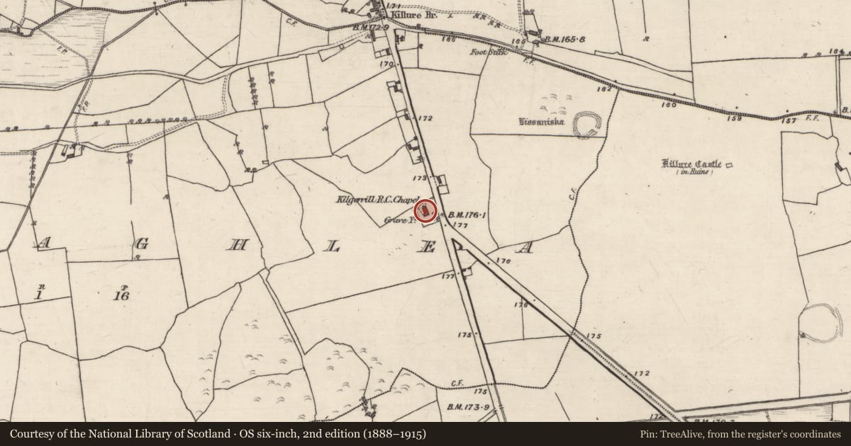 Ordnance Survey six-inch map, 2nd edition (1888–1915) covering the location of Church, Caltraghlea, County Galway, with a pin at the register's coordinates