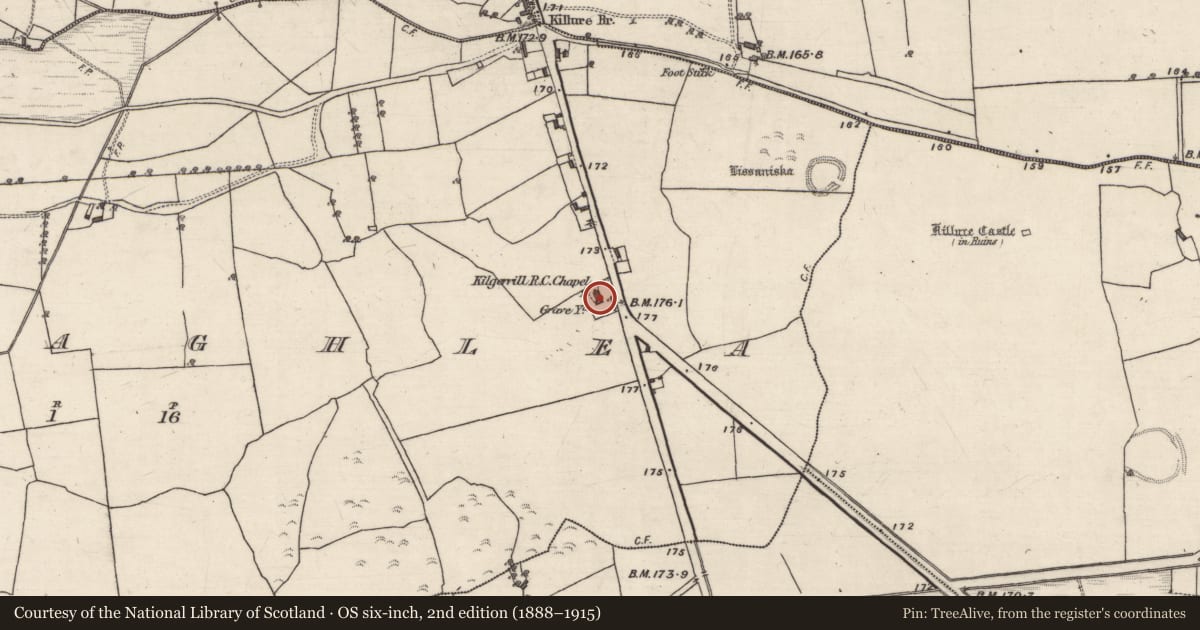 Ordnance Survey six-inch map, 2nd edition (1888–1915) covering the location of Graveyard, Caltraghlea, County Galway, with a pin at the register's coordinates