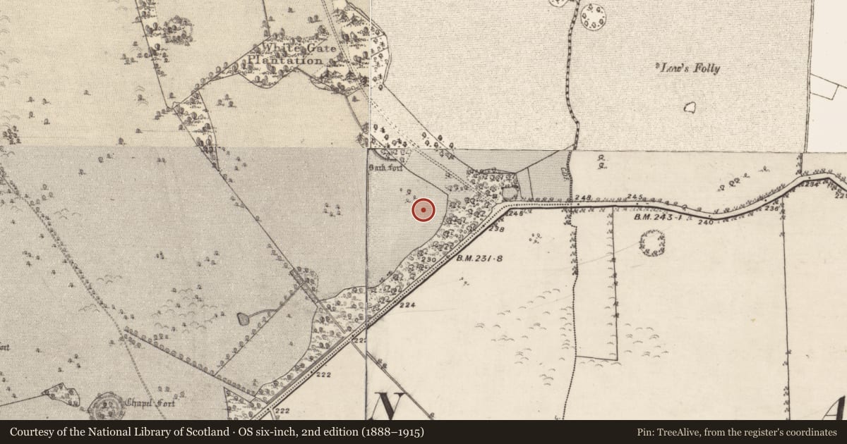 Ordnance Survey six-inch map, 2nd edition (1888–1915) covering the location of Enclosure, Clonbrock Demesne, County Galway, with a pin at the register's coordinates