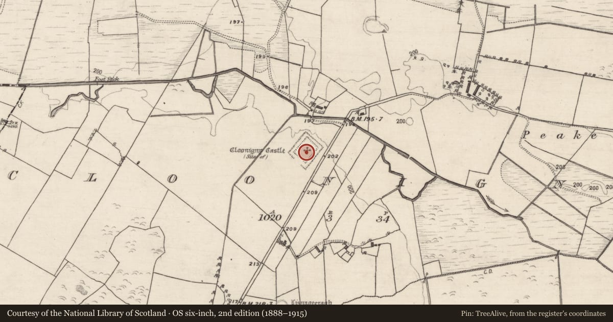 Ordnance Survey six-inch map, 2nd edition (1888–1915) covering the location of Moated site, Cloonigny, County Galway, with a pin at the register's coordinates
