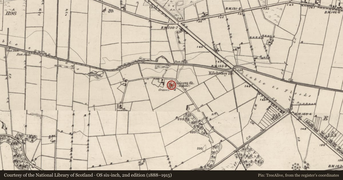 Ordnance Survey six-inch map, 2nd edition (1888–1915) covering the location of Church, Kilcloony, County Galway, with a pin at the register's coordinates