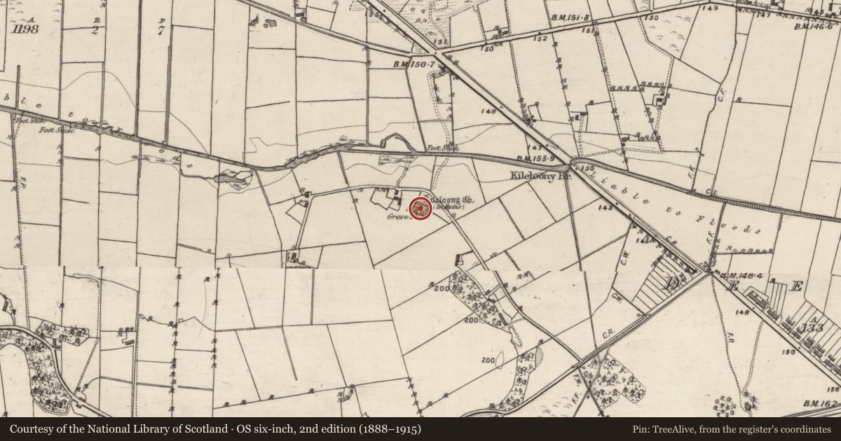 Ordnance Survey six-inch map, 2nd edition (1888–1915) covering the location of Graveyard, Kilcloony, County Galway, with a pin at the register's coordinates