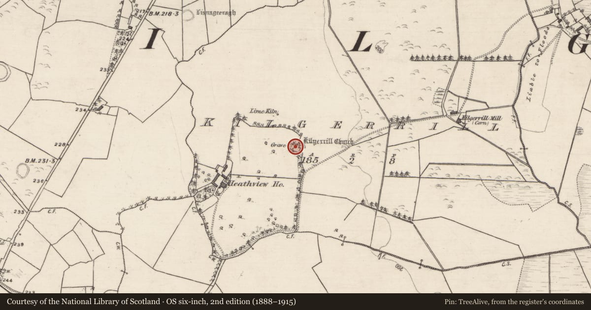 Ordnance Survey six-inch map, 2nd edition (1888–1915) covering the location of Church, Kilgerrill, County Galway, with a pin at the register's coordinates