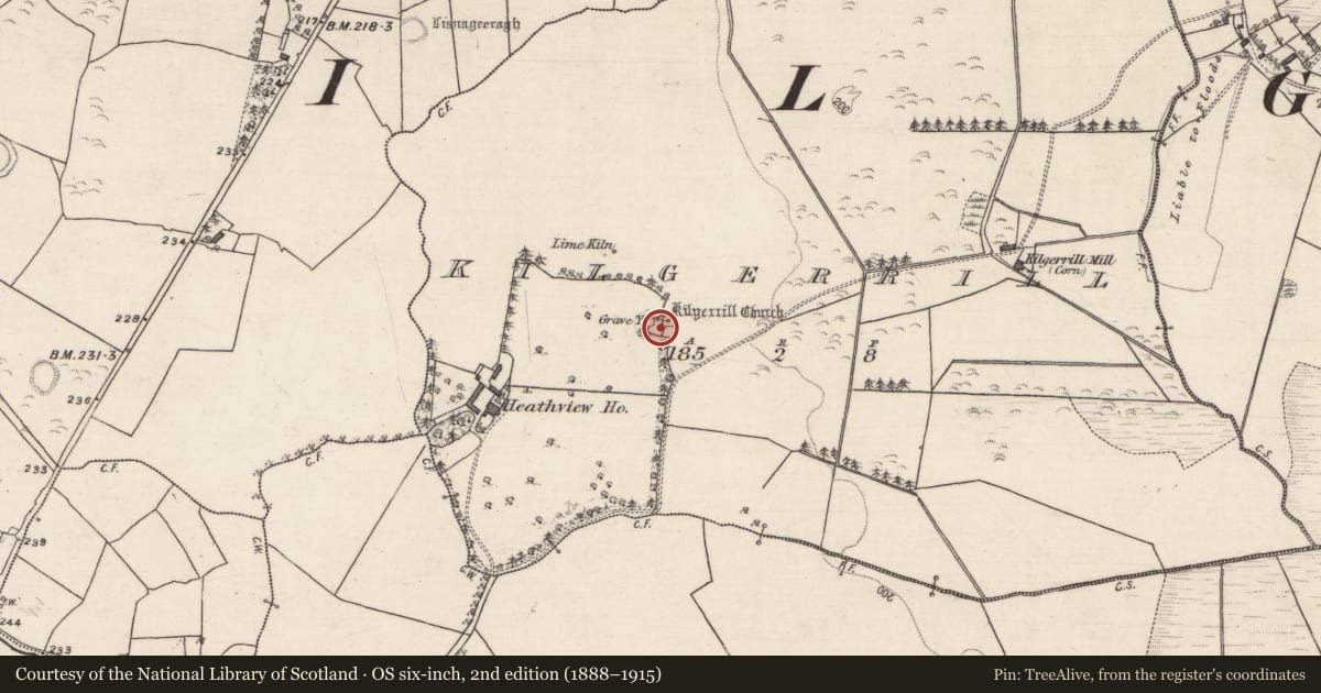 Ordnance Survey six-inch map, 2nd edition (1888–1915) covering the location of Graveyard, Kilgerrill, County Galway, with a pin at the register's coordinates