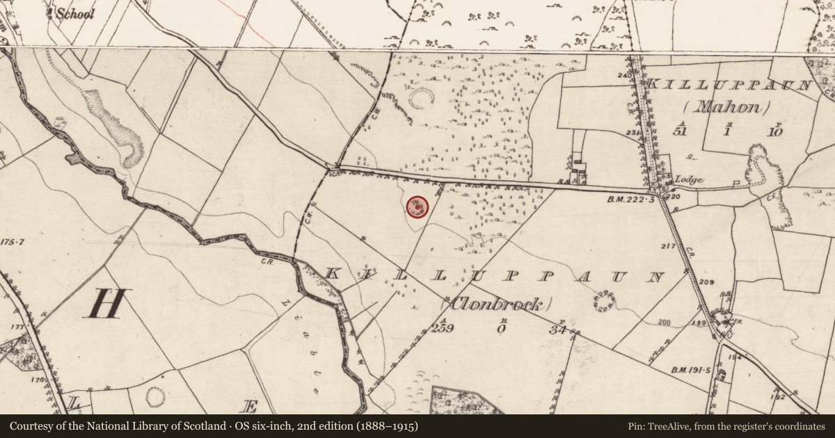 Ordnance Survey six-inch map, 2nd edition (1888–1915) covering the location of Enclosure, Killuppaun (Clonbrock), County Galway, with a pin at the register's coordinates