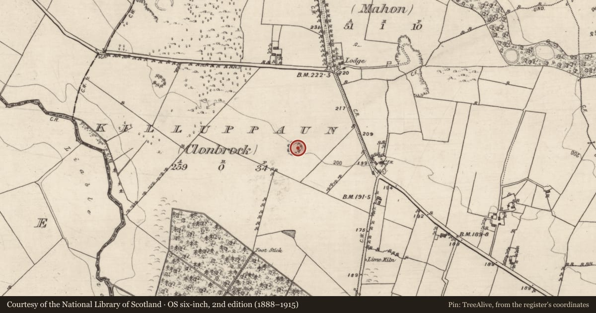 Ordnance Survey six-inch map, 2nd edition (1888–1915) covering the location of Enclosure, Killuppaun (Clonbrock), County Galway, with a pin at the register's coordinates