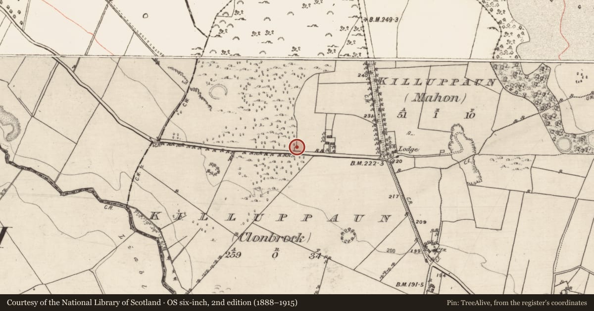 Ordnance Survey six-inch map, 2nd edition (1888–1915) covering the location of Souterrain, Killuppaun (Clonbrock), County Galway, with a pin at the register's coordinates