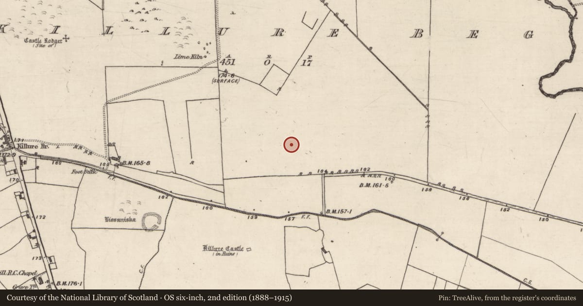 Ordnance Survey six-inch map, 2nd edition (1888–1915) covering the location of Church, Killure Beg, County Galway, with a pin at the register's coordinates