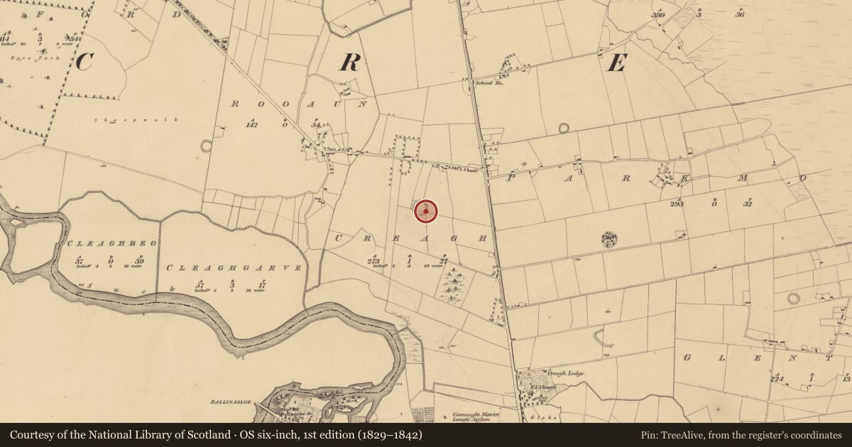 Ordnance Survey six-inch map, 1st edition (1829–1842) covering the location of Enclosure, Creagh, County Galway, with a pin at the register's coordinates
