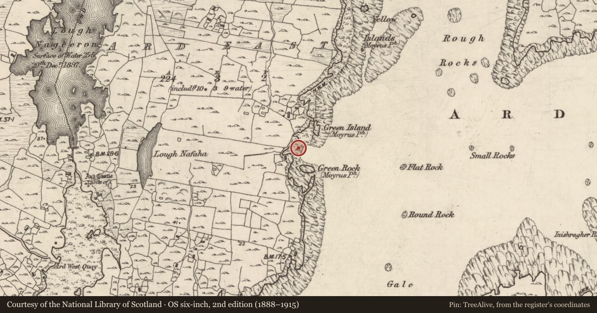 Ordnance Survey six-inch map, 2nd edition (1888–1915) covering the location of Ritual site - holy well, An Aird Thoir, County Galway, with a pin at the register's coordinates
