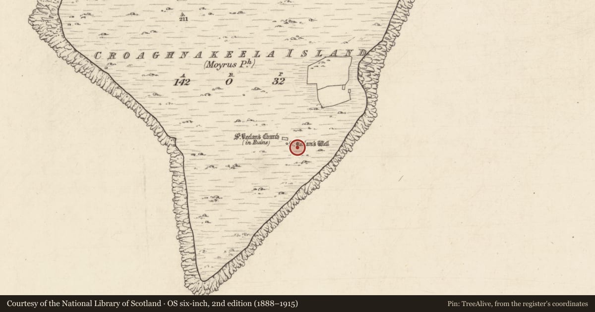 Ordnance Survey six-inch map, 2nd edition (1888–1915) covering the location of Church, Cruach Na Caoile, County Galway, with a pin at the register's coordinates