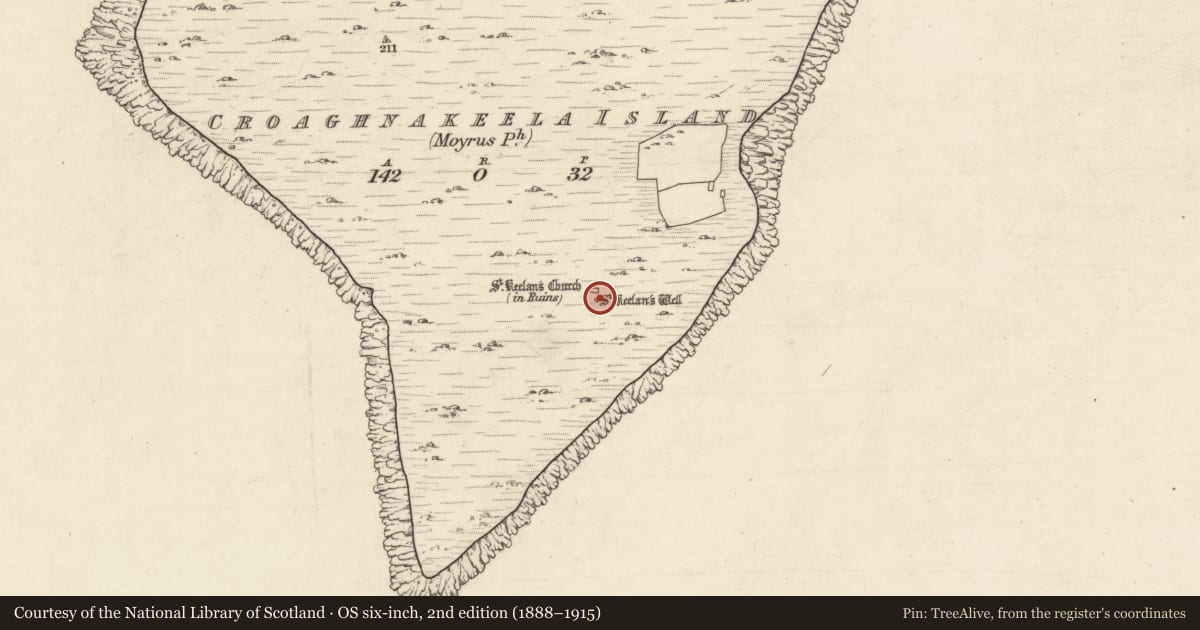 Ordnance Survey six-inch map, 2nd edition (1888–1915) covering the location of Ritual site - holy well, Cruach Na Caoile, County Galway, with a pin at the register's coordinates