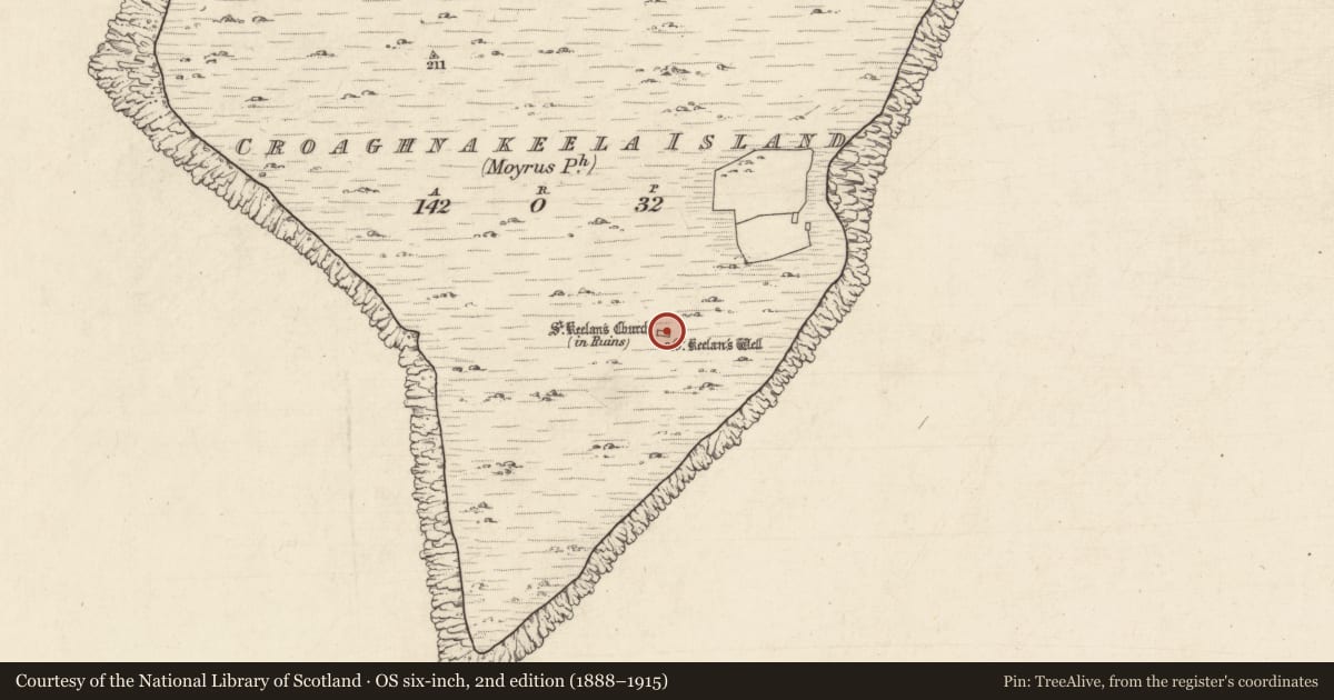 Ordnance Survey six-inch map, 2nd edition (1888–1915) covering the location of Building, Cruach Na Caoile, County Galway, with a pin at the register's coordinates
