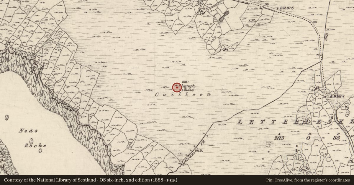 Ordnance Survey six-inch map, 2nd edition (1888–1915) covering the location of Signal tower, An Coillín, County Galway, with a pin at the register's coordinates