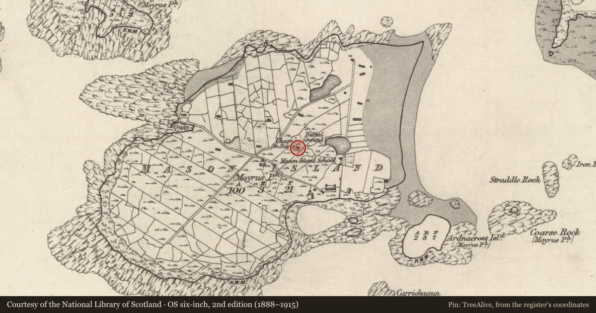 Ordnance Survey six-inch map, 2nd edition (1888–1915) covering the location of Church, Oileán Máisean, County Galway, with a pin at the register's coordinates