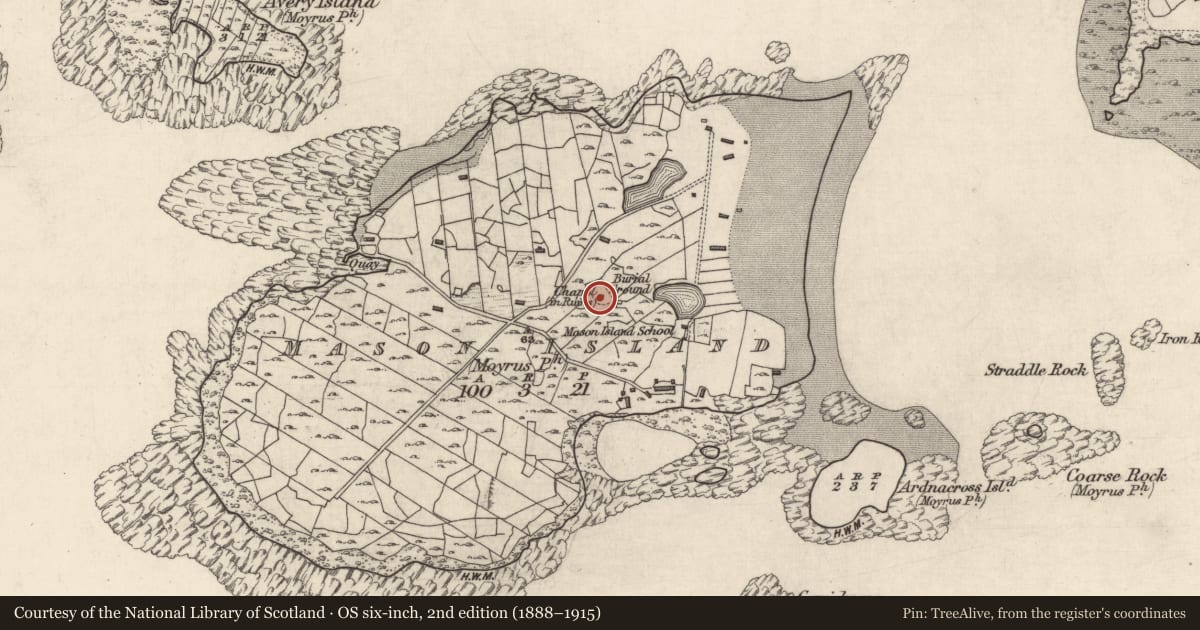 Ordnance Survey six-inch map, 2nd edition (1888–1915) covering the location of Graveyard, Oileán Máisean, County Galway, with a pin at the register's coordinates