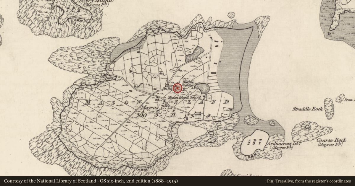 Ordnance Survey six-inch map, 2nd edition (1888–1915) covering the location of Cross-slab, Oileán Máisean, County Galway, with a pin at the register's coordinates