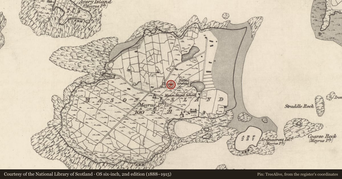 Ordnance Survey six-inch map, 2nd edition (1888–1915) covering the location of Leacht, Oileán Máisean, County Galway, with a pin at the register's coordinates