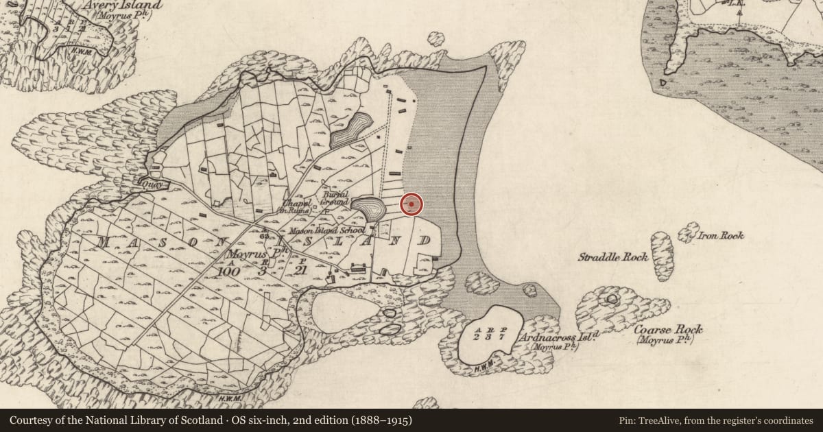 Ordnance Survey six-inch map, 2nd edition (1888–1915) covering the location of Burial, Oileán Máisean, County Galway, with a pin at the register's coordinates