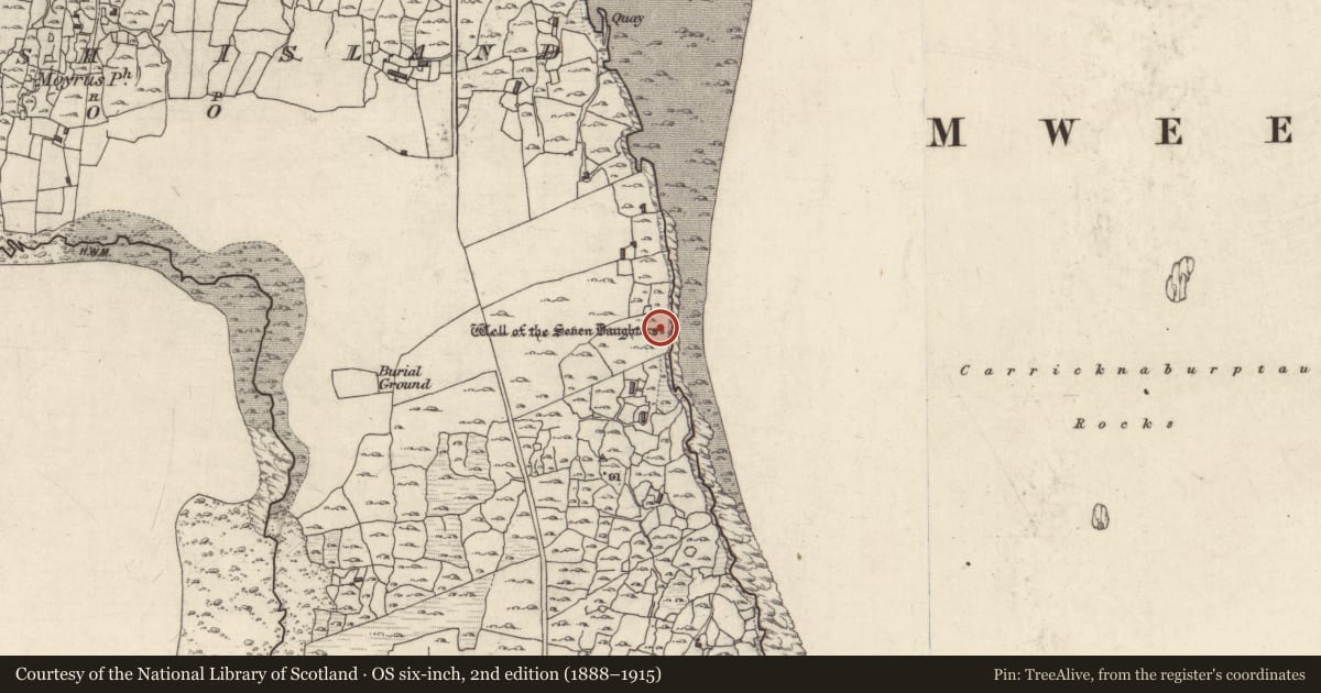 Ordnance Survey six-inch map, 2nd edition (1888–1915) covering the location of Ritual site - holy well, Maínis, County Galway, with a pin at the register's coordinates