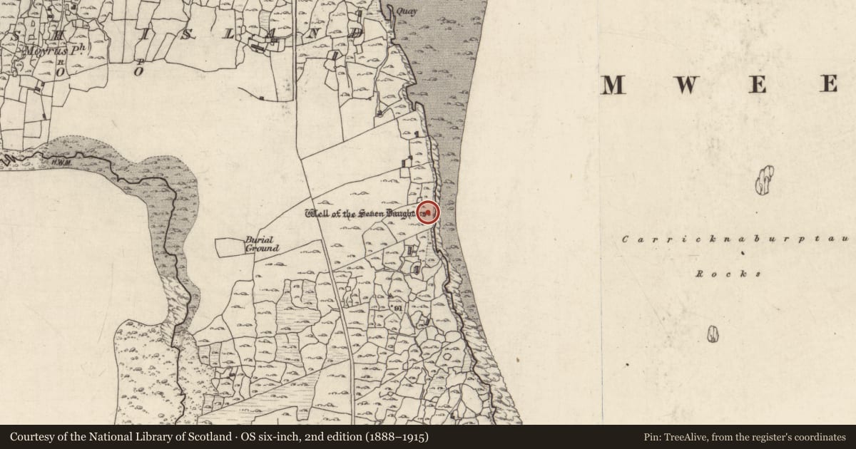 Ordnance Survey six-inch map, 2nd edition (1888–1915) covering the location of Penitential station, Maínis, County Galway, with a pin at the register's coordinates