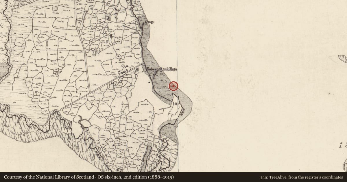 Ordnance Survey six-inch map, 2nd edition (1888–1915) covering the location of Ritual site - holy well, Maínis, County Galway, with a pin at the register's coordinates