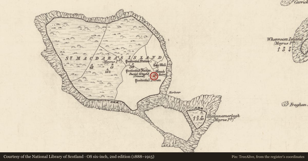 Ordnance Survey six-inch map, 2nd edition (1888–1915) covering the location of Church, Cruach Na Cara, County Galway, with a pin at the register's coordinates