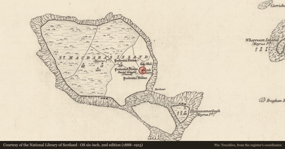 Ordnance Survey six-inch map, 2nd edition (1888–1915) covering the location of Burial ground, Cruach Na Cara, County Galway, with a pin at the register's coordinates