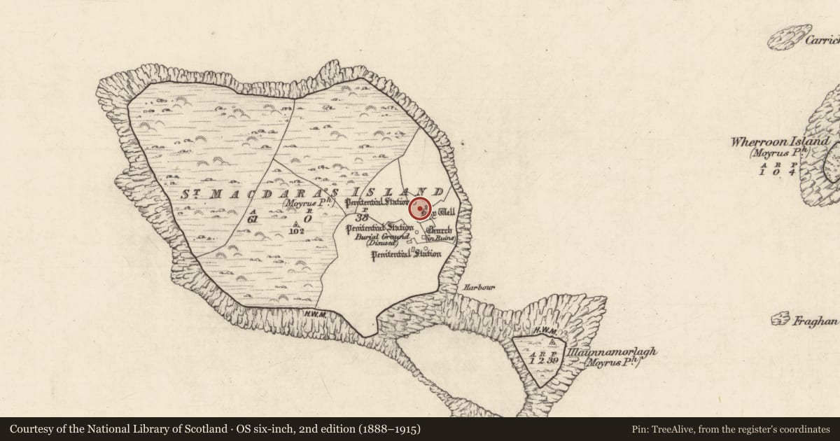 Ordnance Survey six-inch map, 2nd edition (1888–1915) covering the location of Leacht, Cruach Na Cara, County Galway, with a pin at the register's coordinates