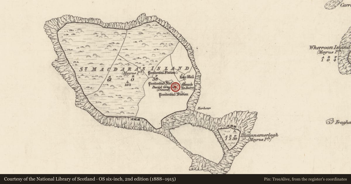 Ordnance Survey six-inch map, 2nd edition (1888–1915) covering the location of Leacht, Cruach Na Cara, County Galway, with a pin at the register's coordinates