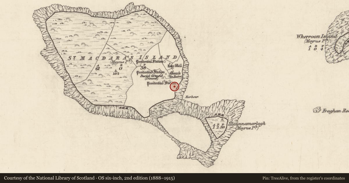 Ordnance Survey six-inch map, 2nd edition (1888–1915) covering the location of Cross-slab, Cruach Na Cara, County Galway, with a pin at the register's coordinates