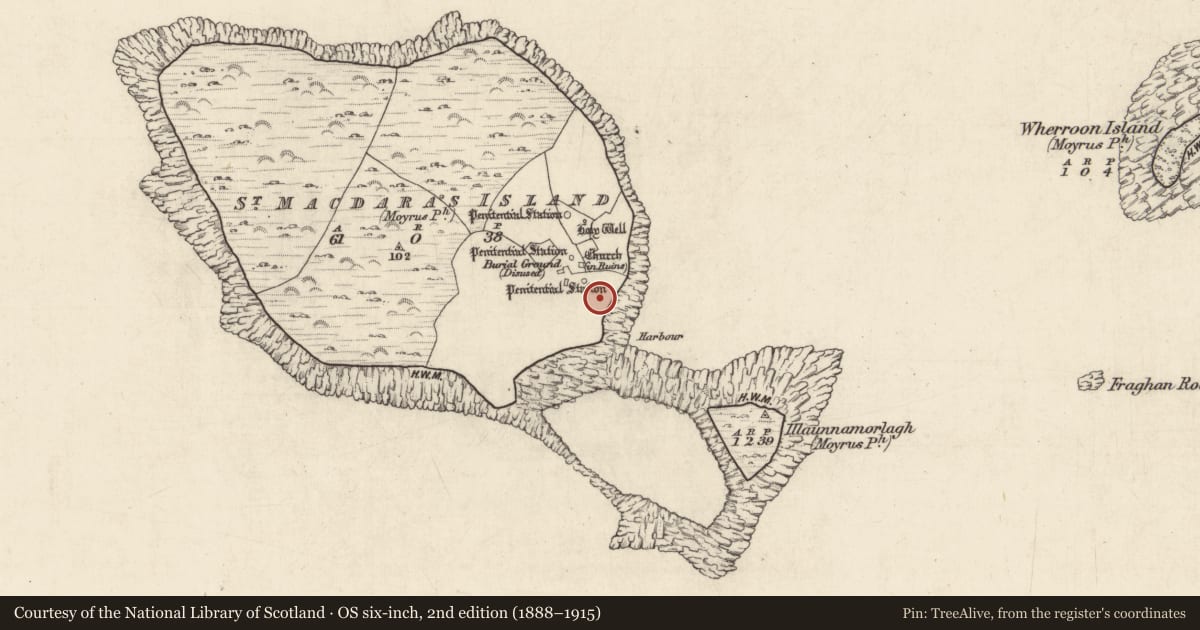 Ordnance Survey six-inch map, 2nd edition (1888–1915) covering the location of Cross-slab, Cruach Na Cara, County Galway, with a pin at the register's coordinates