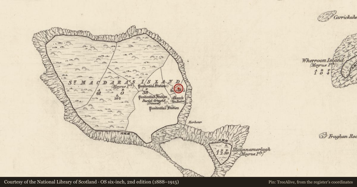 Ordnance Survey six-inch map, 2nd edition (1888–1915) covering the location of Clochan, Cruach Na Cara, County Galway, with a pin at the register's coordinates
