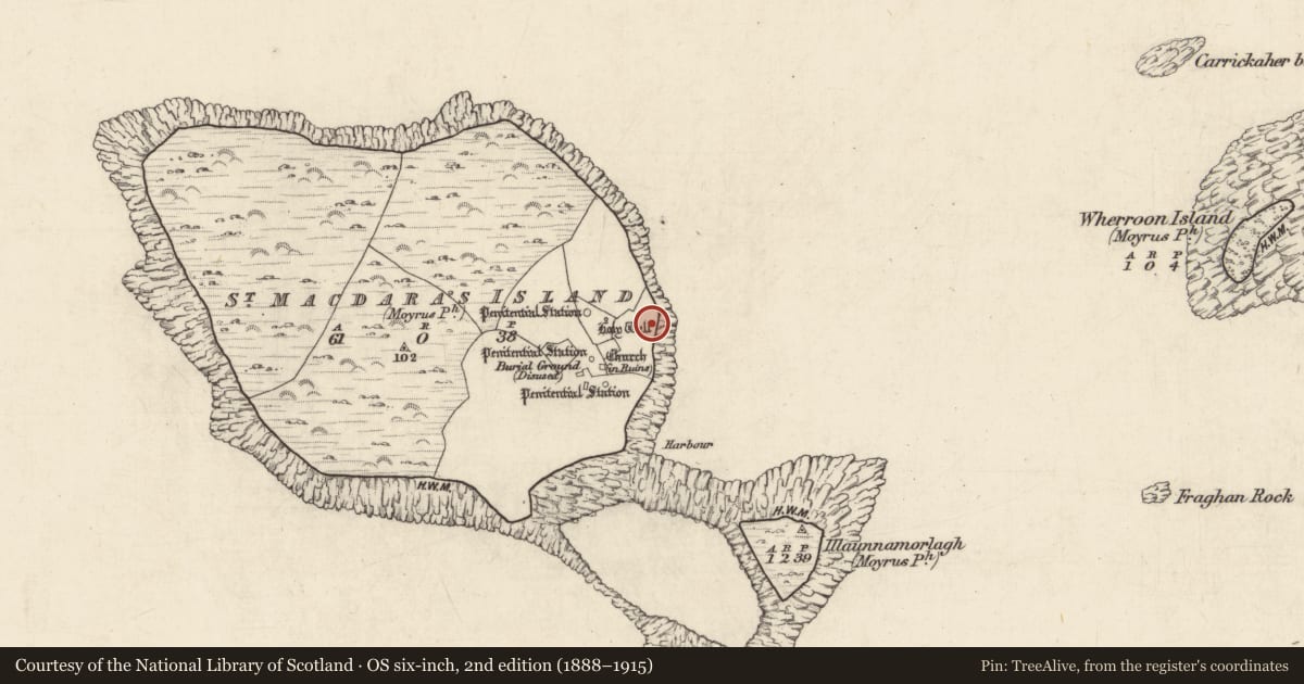 Ordnance Survey six-inch map, 2nd edition (1888–1915) covering the location of Clochan, Cruach Na Cara, County Galway, with a pin at the register's coordinates