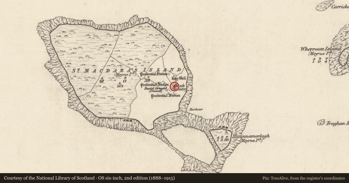 Ordnance Survey six-inch map, 2nd edition (1888–1915) covering the location of Enclosure, Cruach Na Cara, County Galway, with a pin at the register's coordinates