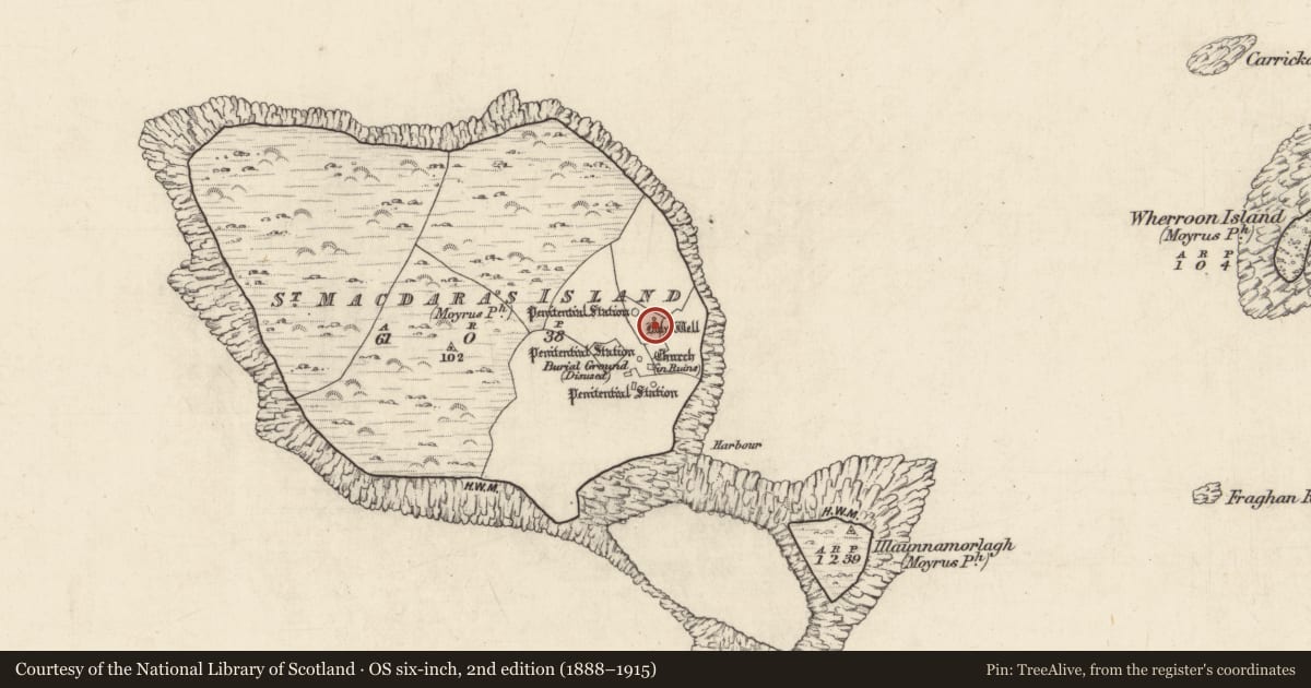 Ordnance Survey six-inch map, 2nd edition (1888–1915) covering the location of Ritual site - holy well, Cruach Na Cara, County Galway, with a pin at the register's coordinates