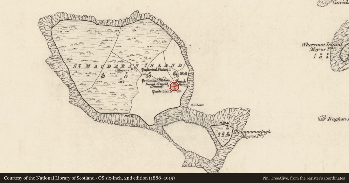 Ordnance Survey six-inch map, 2nd edition (1888–1915) covering the location of Leacht, Cruach Na Cara, County Galway, with a pin at the register's coordinates