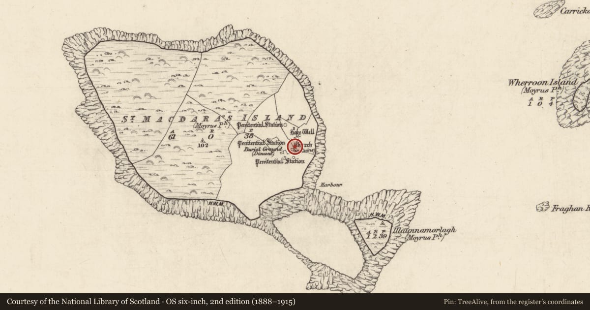 Ordnance Survey six-inch map, 2nd edition (1888–1915) covering the location of Cursing stone, Cruach Na Cara, County Galway, with a pin at the register's coordinates