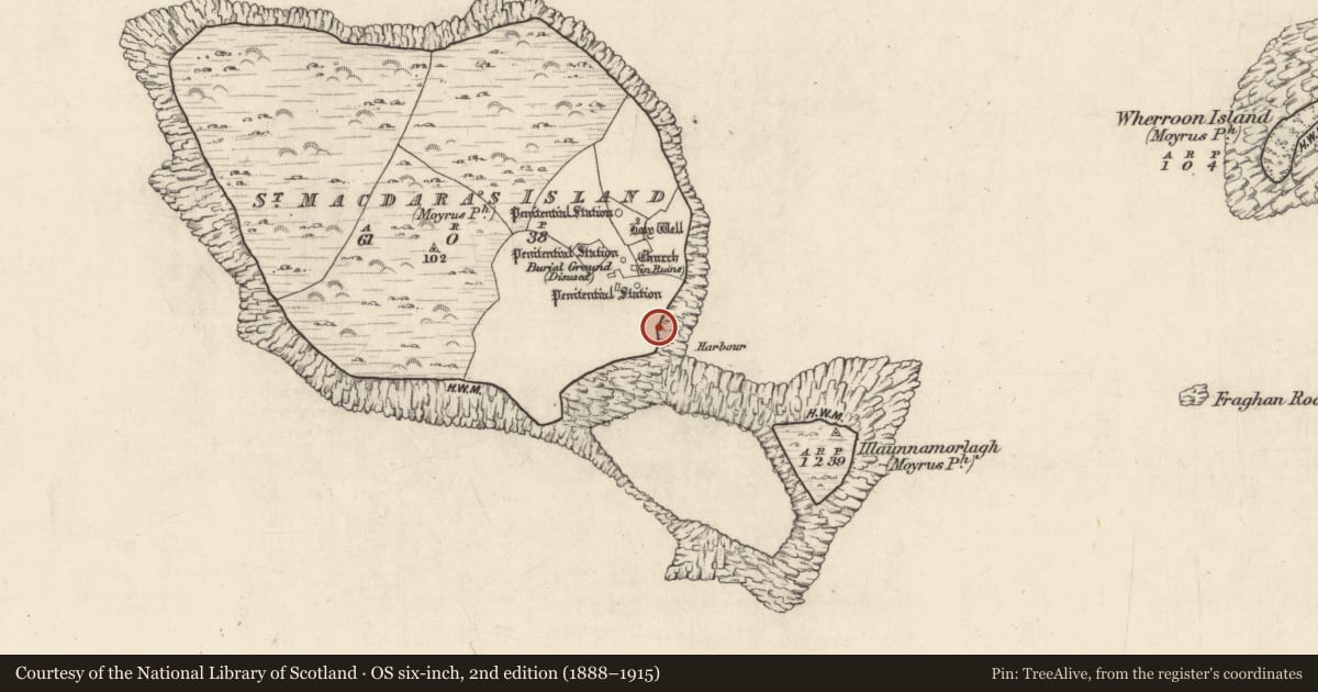 Ordnance Survey six-inch map, 2nd edition (1888–1915) covering the location of Burial, Cruach Na Cara, County Galway, with a pin at the register's coordinates
