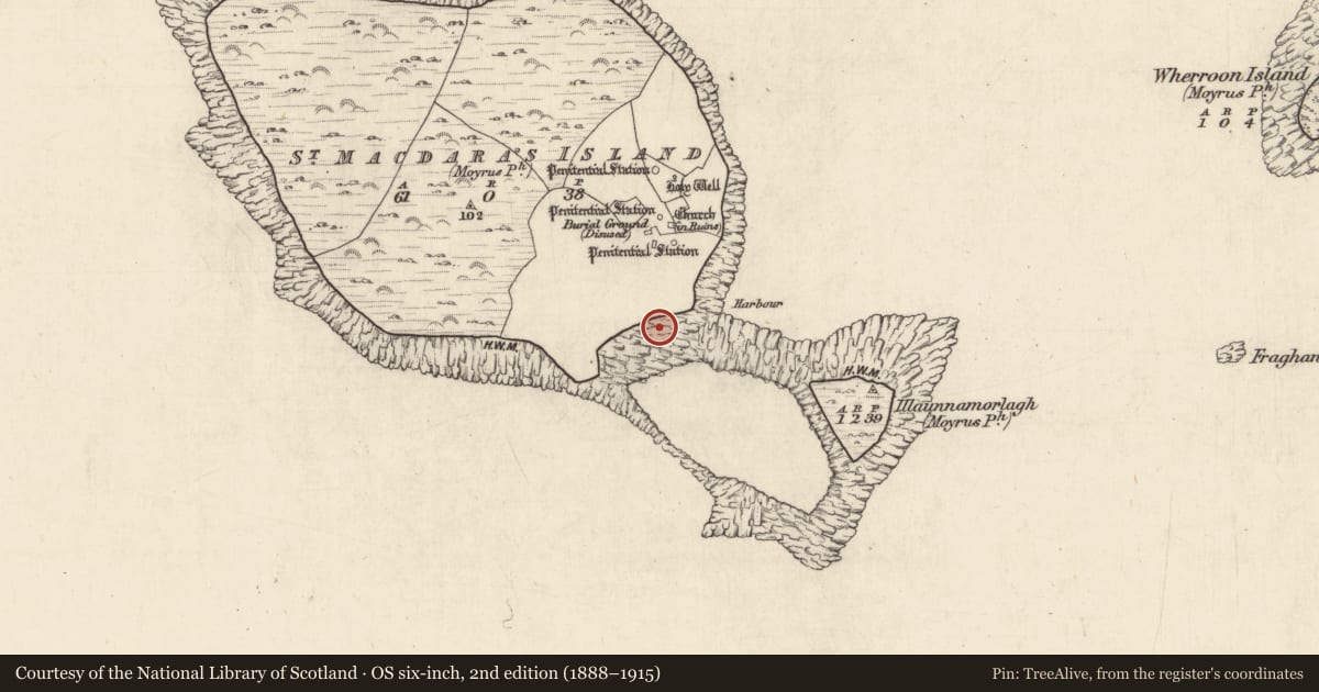 Ordnance Survey six-inch map, 2nd edition (1888–1915) covering the location of Burial, Cruach Na Cara, County Galway, with a pin at the register's coordinates