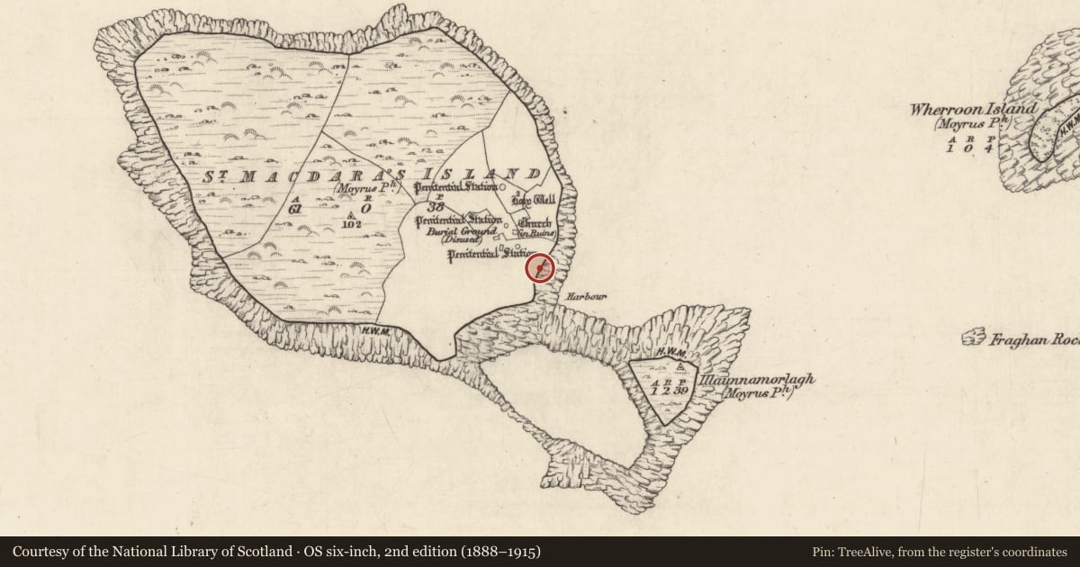 Ordnance Survey six-inch map, 2nd edition (1888–1915) covering the location of Burial, Cruach Na Cara, County Galway, with a pin at the register's coordinates
