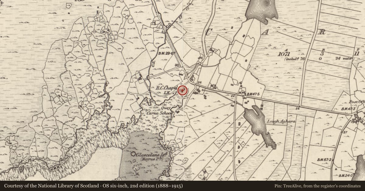 Ordnance Survey six-inch map, 2nd edition (1888–1915) covering the location of Chapel, Carna, County Galway, with a pin at the register's coordinates